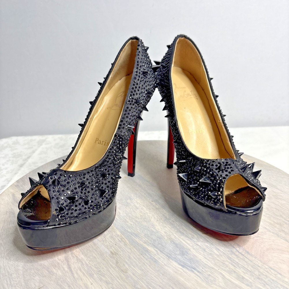 Christian Louboutin Black Studded Peep-Toe Platform Heels